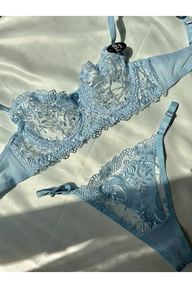 Light Blue Bralette Set - Lace 2-Piece Lingerie with Thong