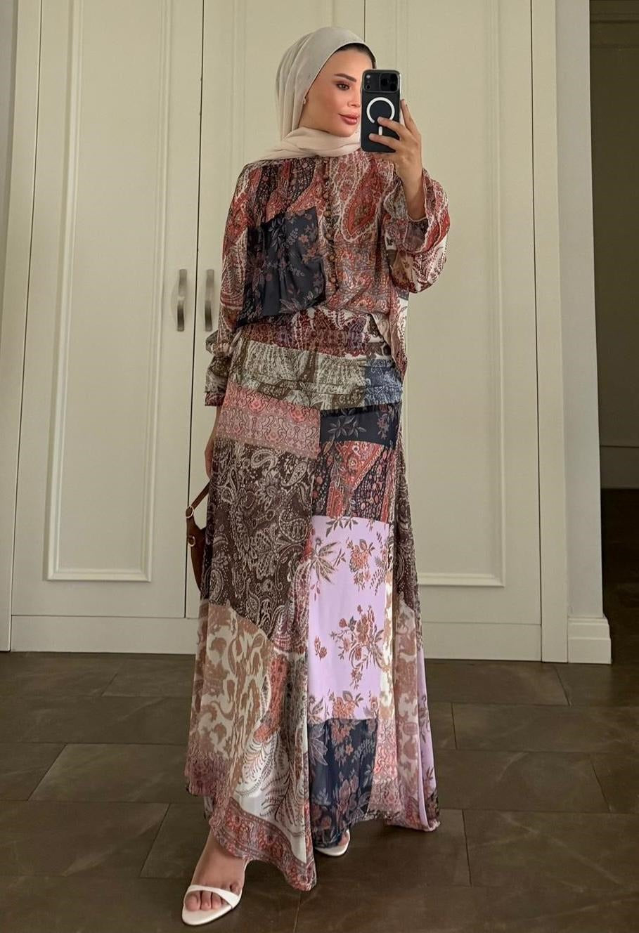 Victoria Patchwork Chiffon Maxi Skirt Set - Pink