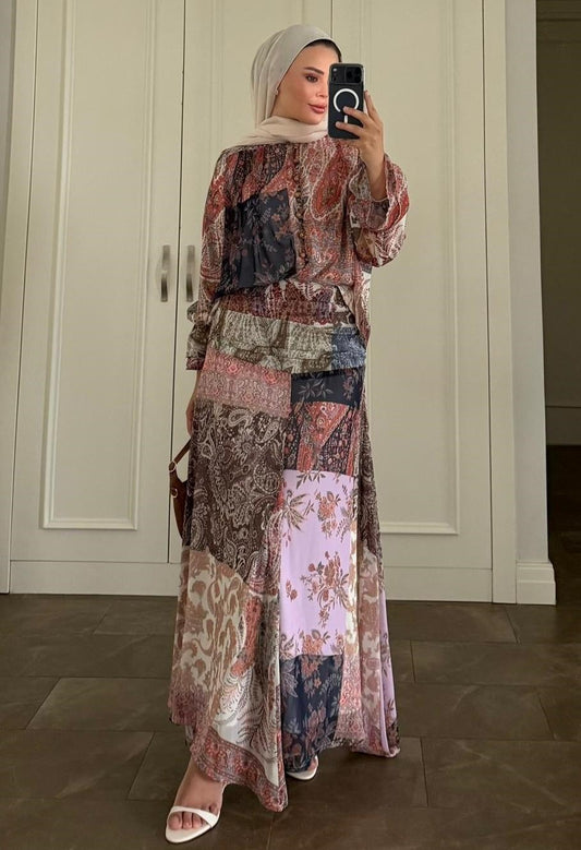 Victoria Patchwork Chiffon Maxi Skirt Set - Pink