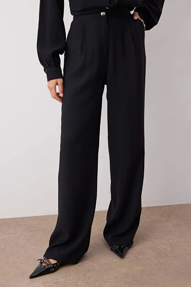 Black Modal Fabric Plain Woven Belt-Buckle Detailed Two-Piece Set