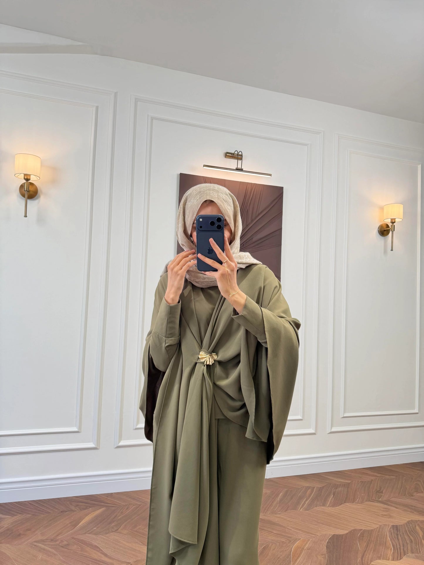 Sage Green Cape-Sleeve Co-ord Set with Gold Brooch Detail