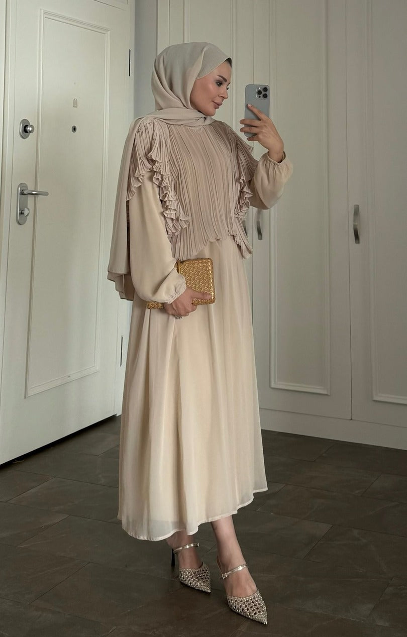 Beige Pleated Ruffle-Detail Chiffon Blouse & Midi Skirt Co-ord Set -PRE ORDER