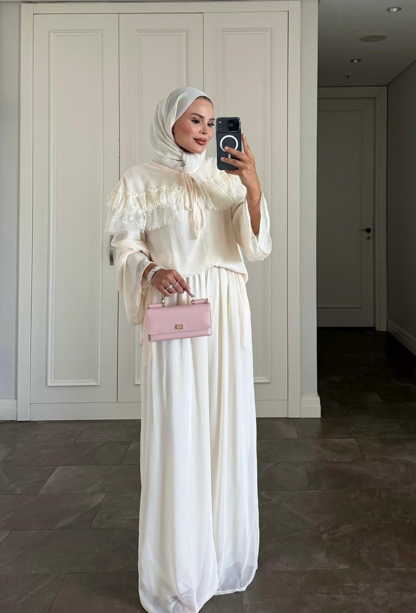 Ivana Cream Mütevazı Pantolon Takımı - Astarlı İki Parçalı Tunik ve Pantolon Kombini