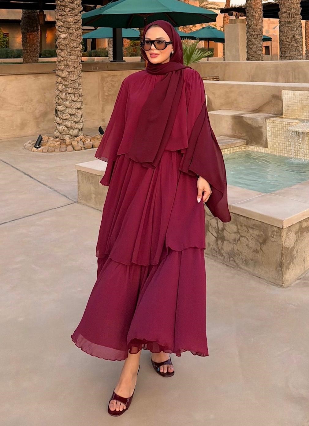 Layered Cape Chiffon Co-ord Set with Tiered Ruffle Skirt - Burgundy