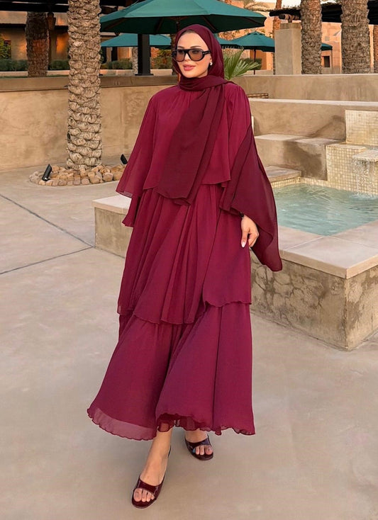 Layered Cape Chiffon Co-ord Set with Tiered Ruffle Skirt - Burgundy