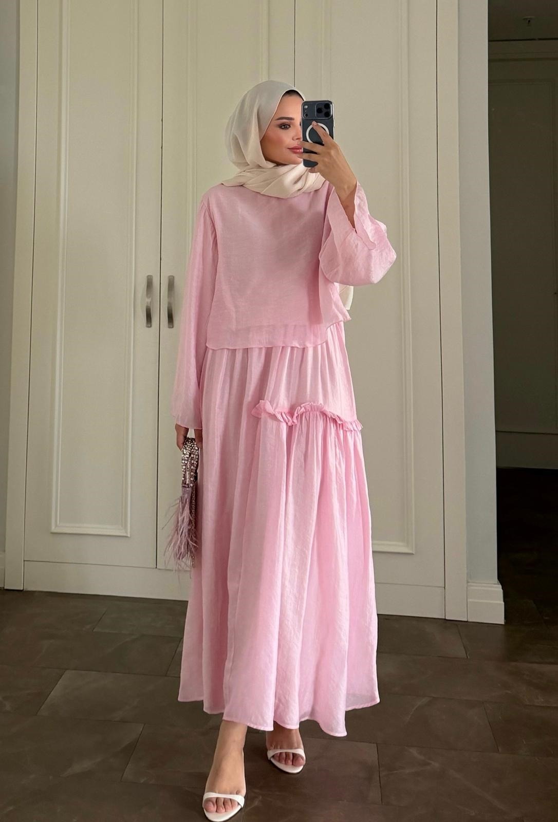 Pink Layered Maxi Skirt Set with Elastic Waist