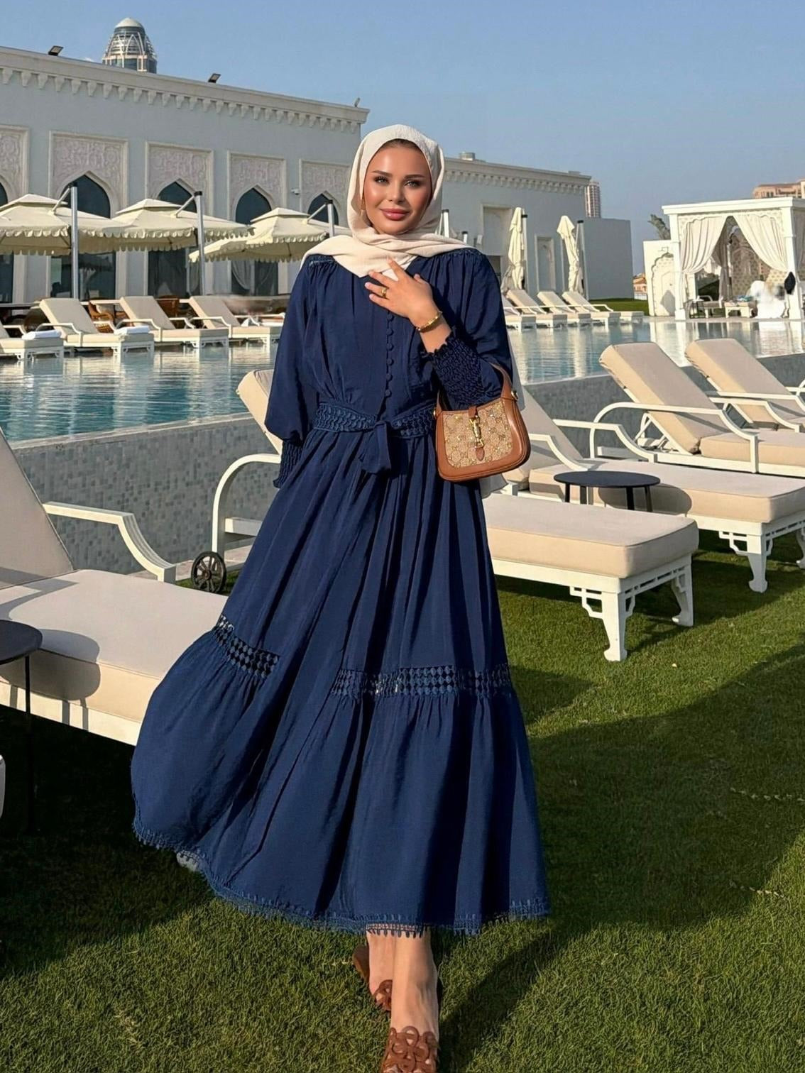 Tiered Boho Lace Trim Co-ord Set with Crochet Waist Belt - Navy