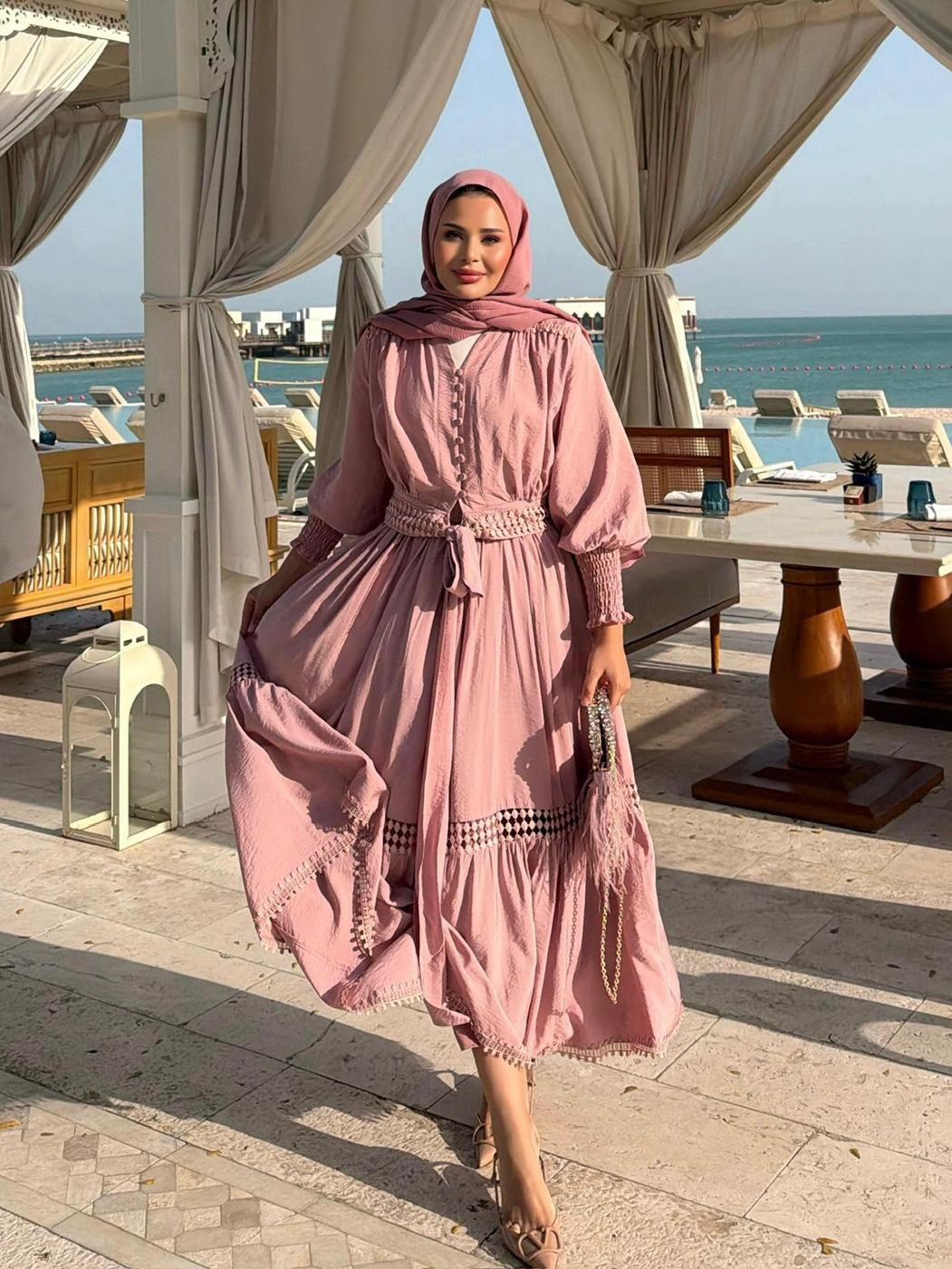 Tiered Boho Lace Trim Co-ord Set with Crochet Waist Belt - Pink Rose