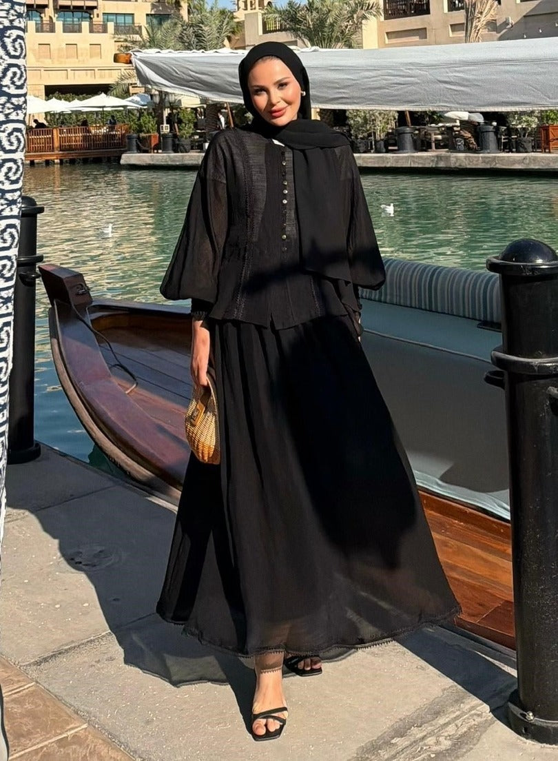Button-Front Lace-Trim Blouse & Maxi Skirt Co-ord Set - Black