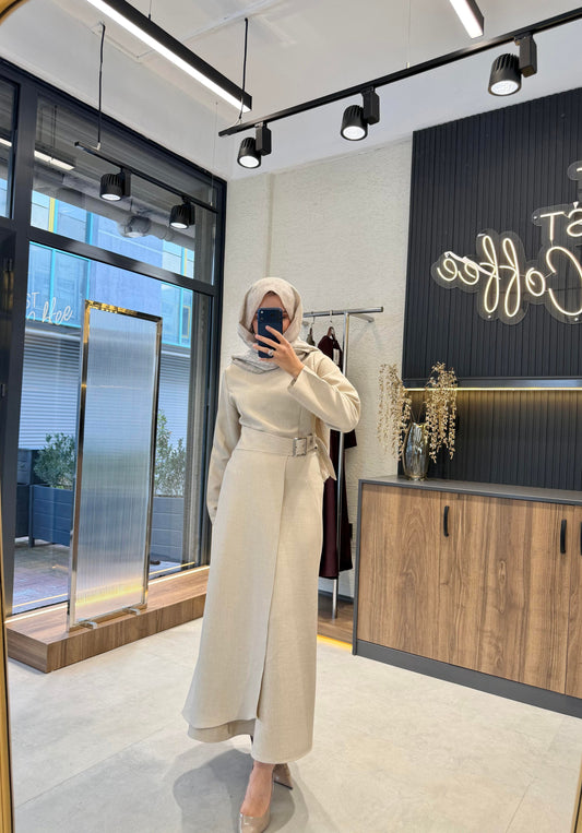 Asymmetric Beige Maxi Dress with Adjustable Waist Belt