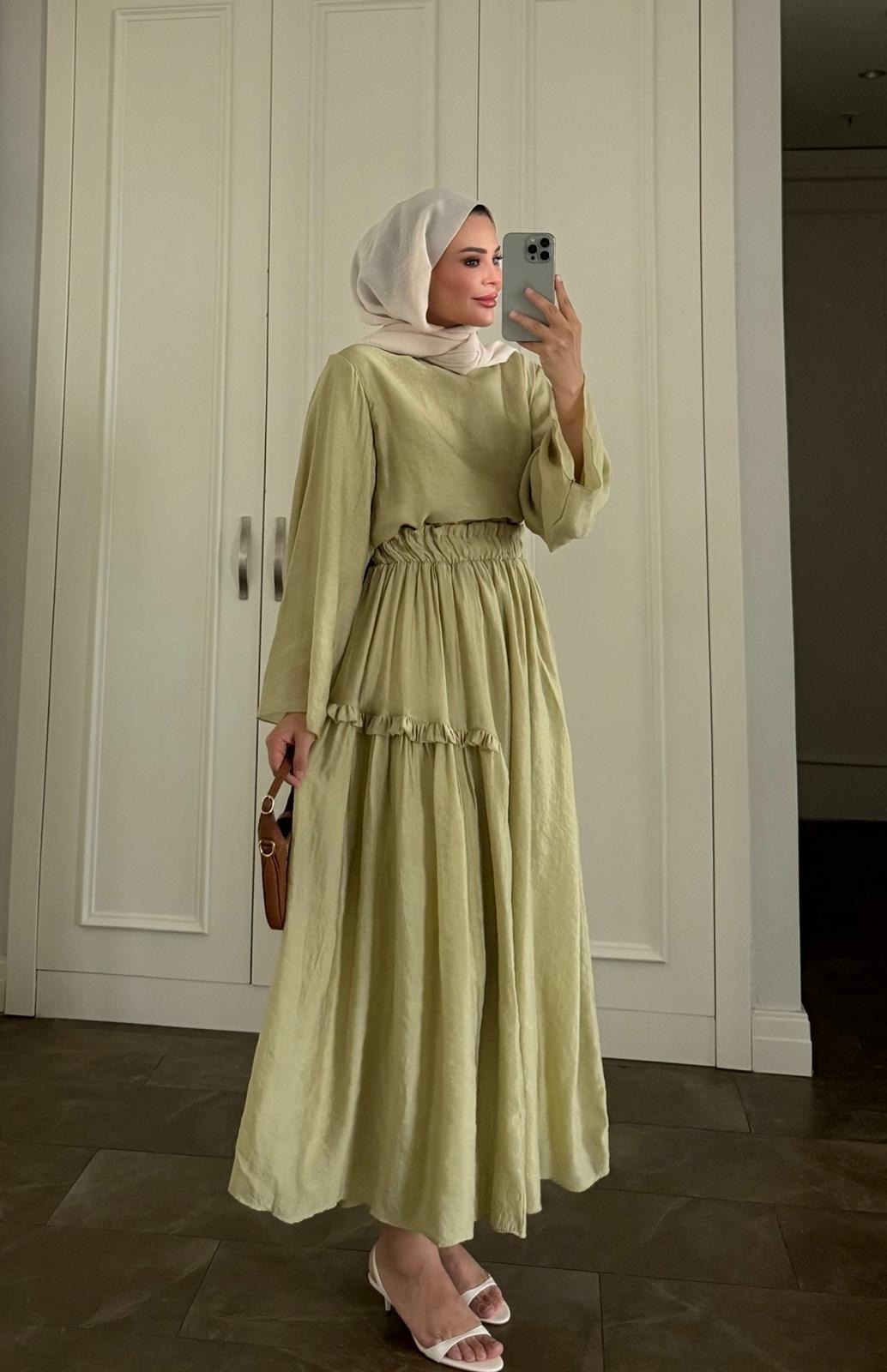 Khaki Layered Maxi Skirt Set with Elastic Waist