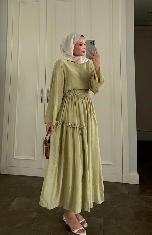 Khaki Layered Maxi Skirt Set with Elastic Waist