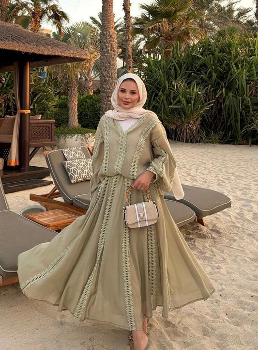 Lace Trim V-Neck Oversized Top & Flared Maxi Skirt Co-ord Set - Green