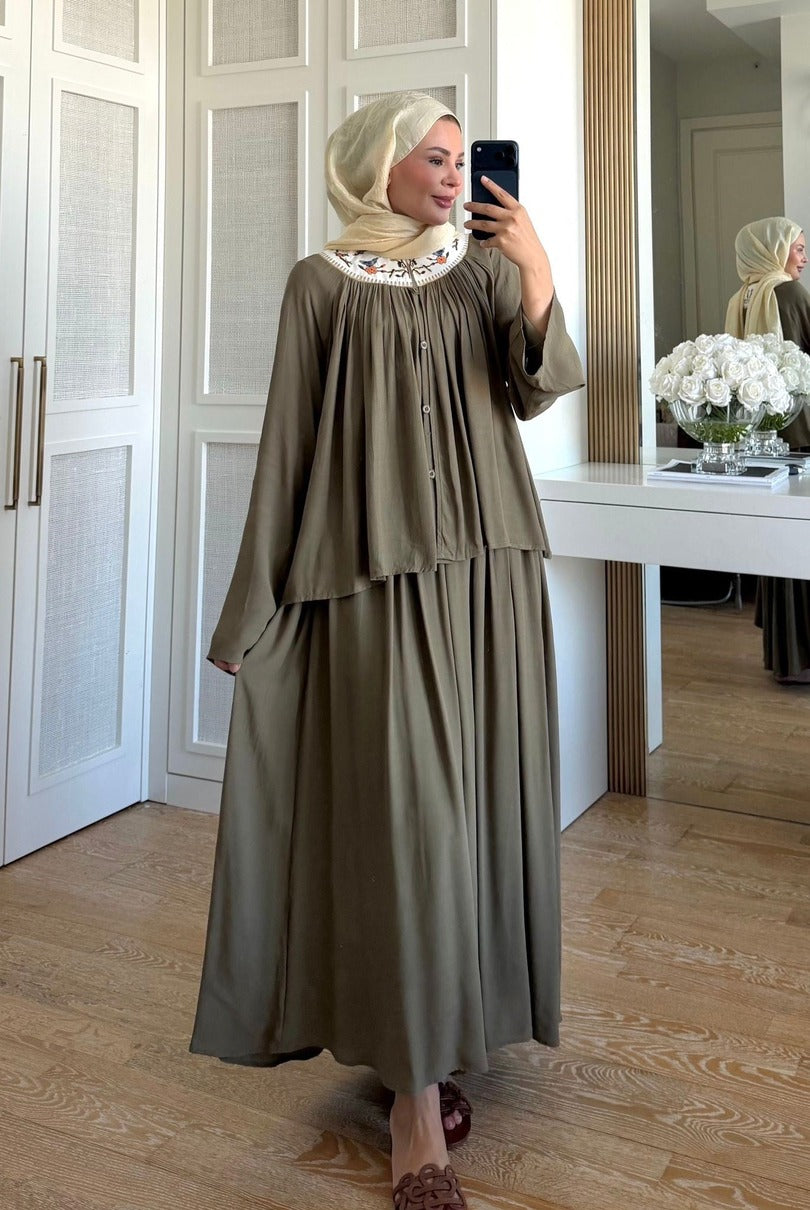 Khaki Intricate Embroidered Slub Linen Skirt & Blouse Co-ord Set