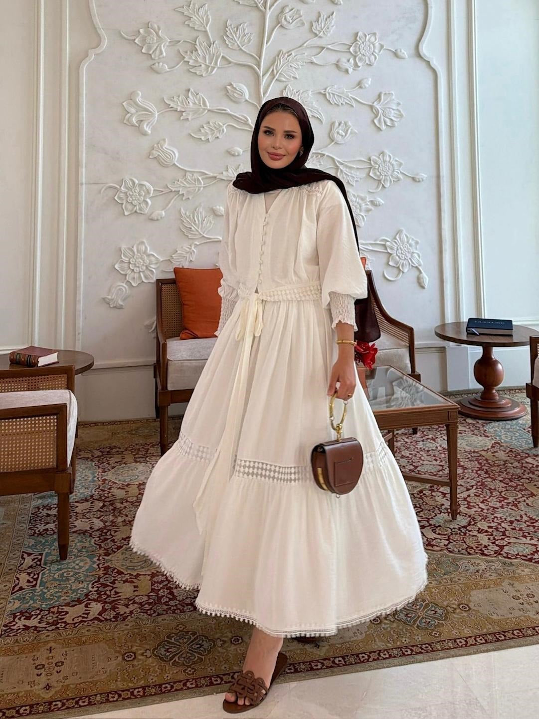 Tiered Boho Lace Trim Co-ord Set with Crochet Waist Belt - Ecrou