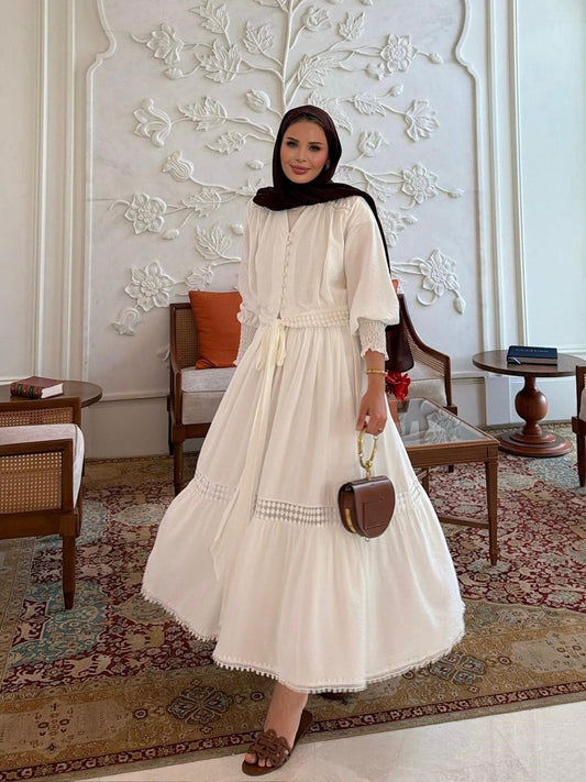 Tiered Boho Lace Trim Co-ord Set with Crochet Waist Belt - Ecrou