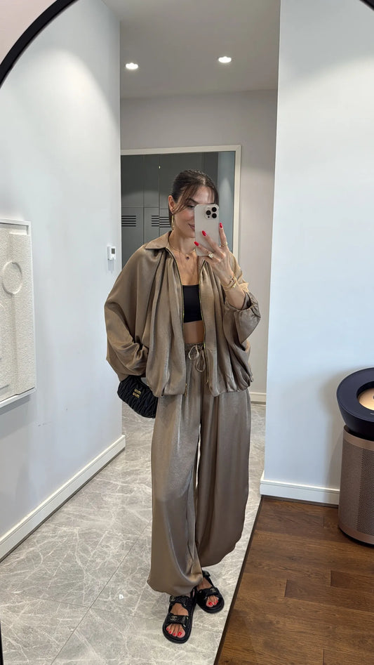 Mink Satin Bomber Jacket and Harem Pants Set