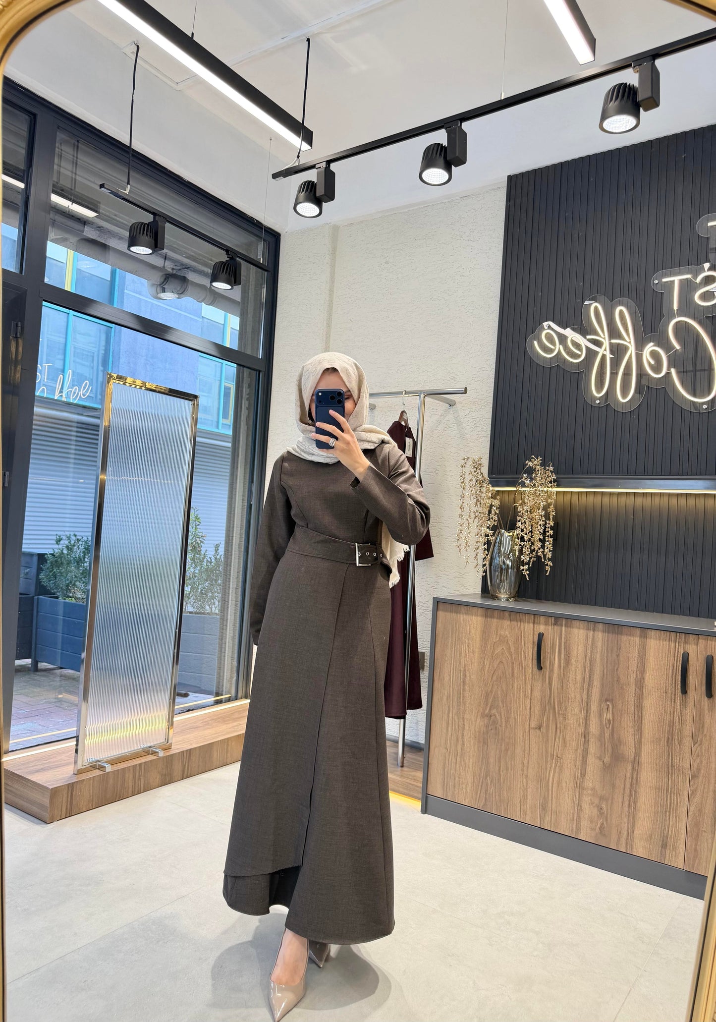 Asymmetric Brown Maxi Dress with Adjustable Waist Belt