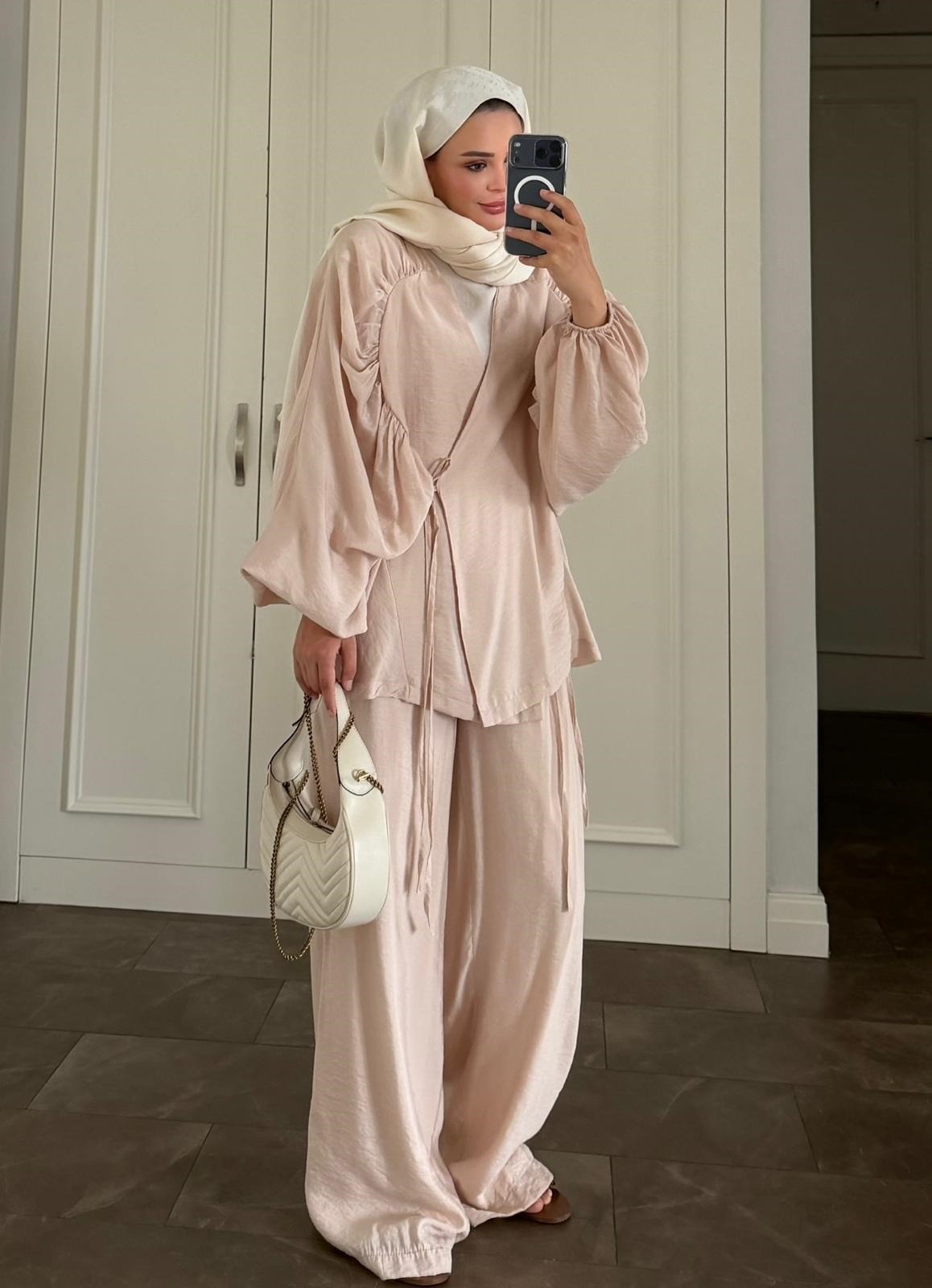 Balloon Sleeve Tencel Co-ord Set with Tie Waist & Wide-Leg Trousers - Beige