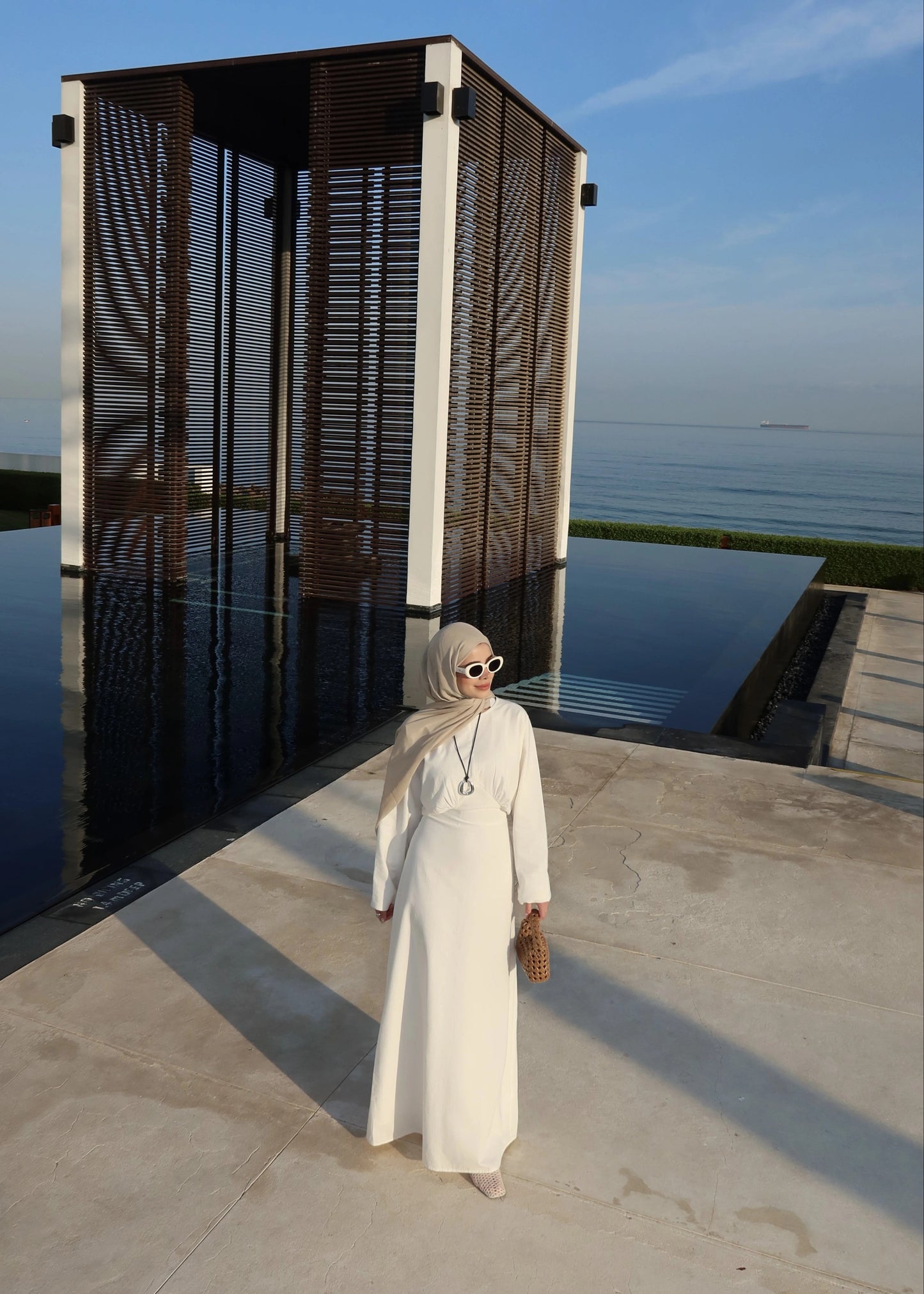 White Cotton Tie-Back Maxi Dress - Waist Detail Long Sleeve Gown