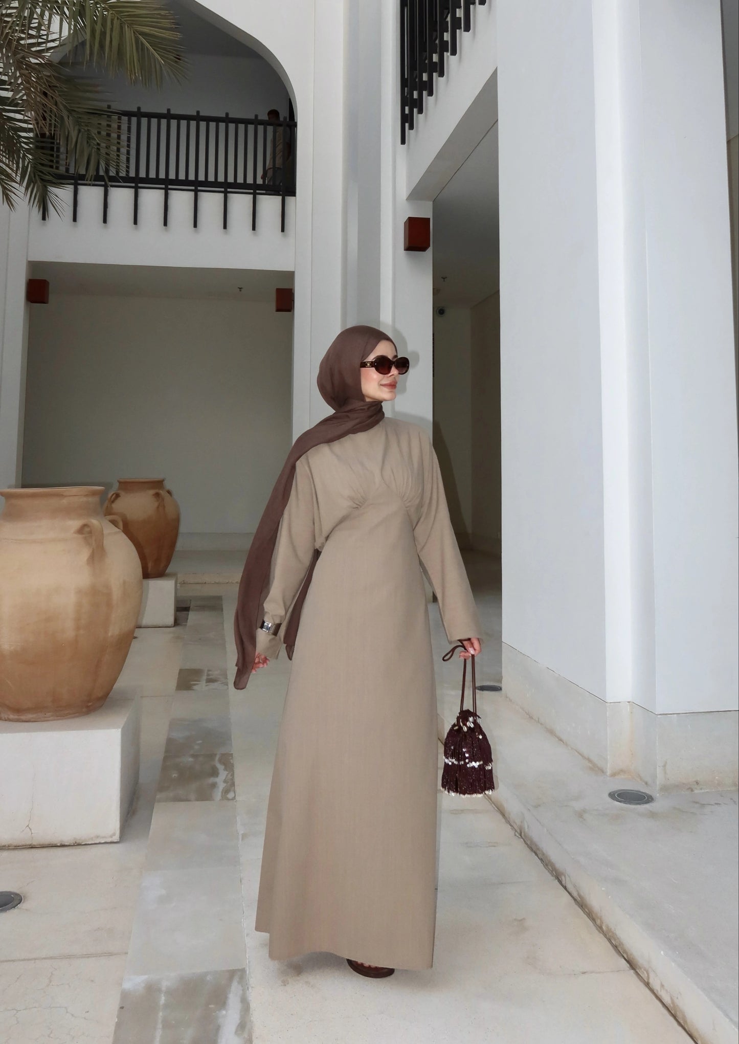 Khaki Cotton Tie-Back Maxi Dress - Waist Detail Long Sleeve Gown