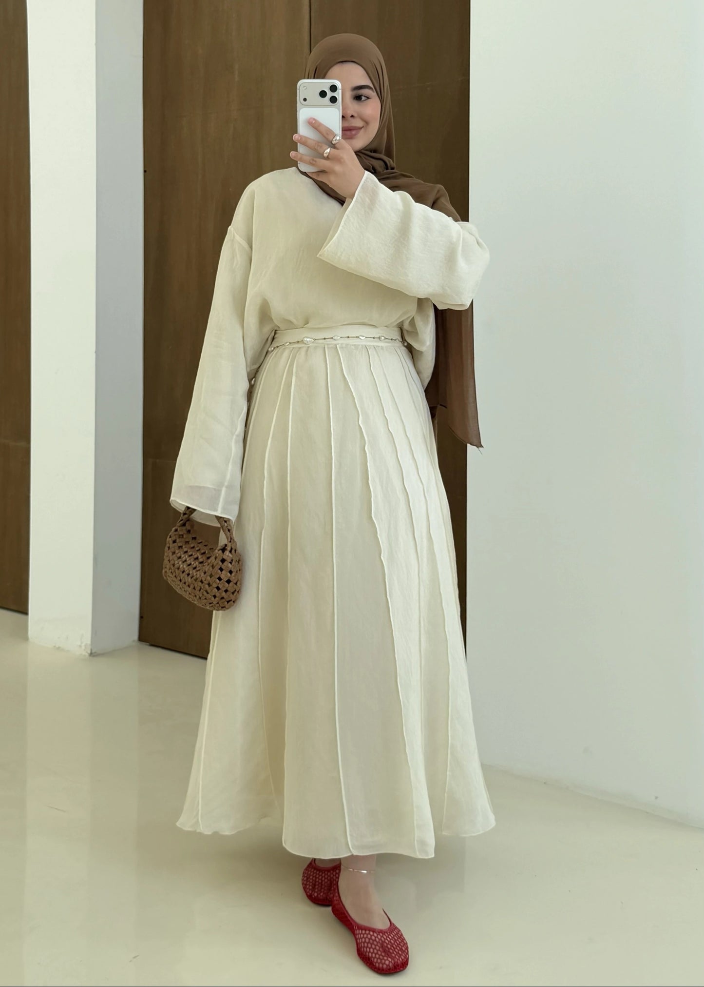 Reverse Stitch Skirt Set - Beige