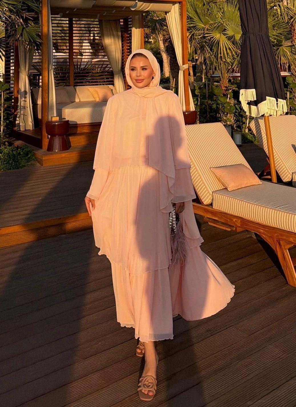 Layered Cape Chiffon Co-ord Set with Tiered Ruffle Skirt - Pink