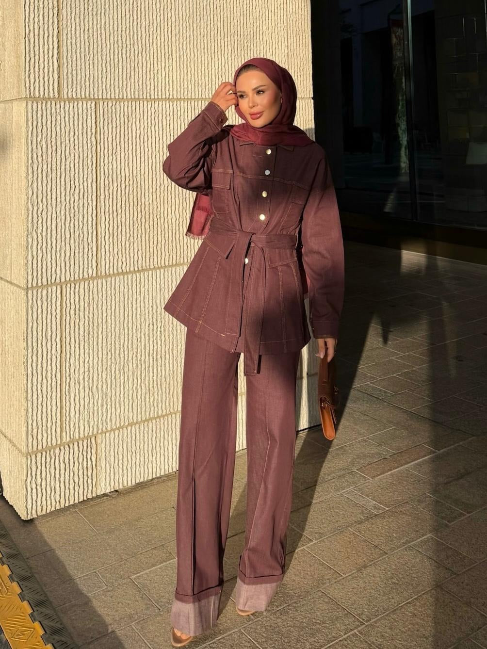 Manche Denim Set – Burgundy