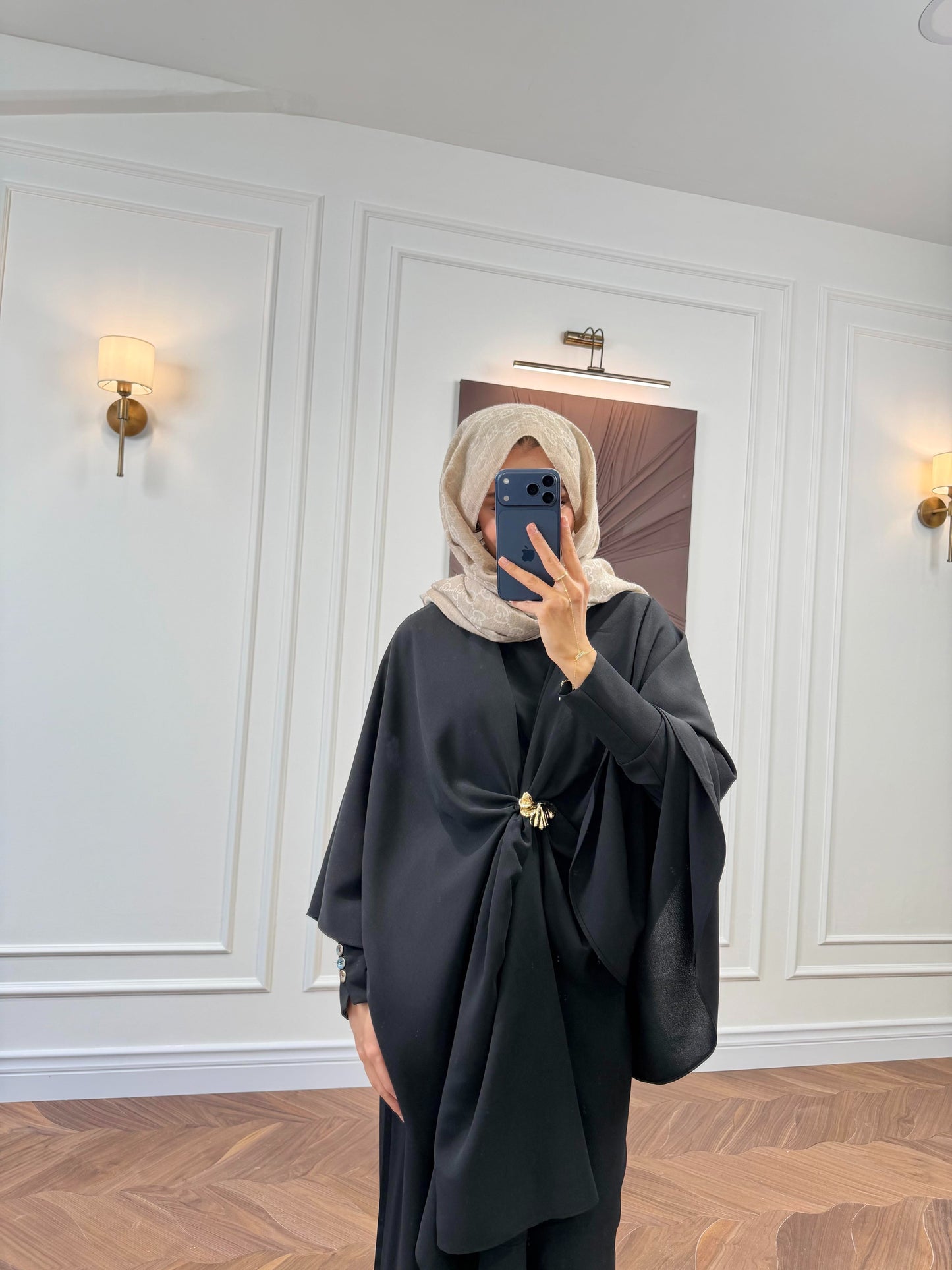 Black Cape-Sleeve Co-ord Set with Gold Brooch Detail