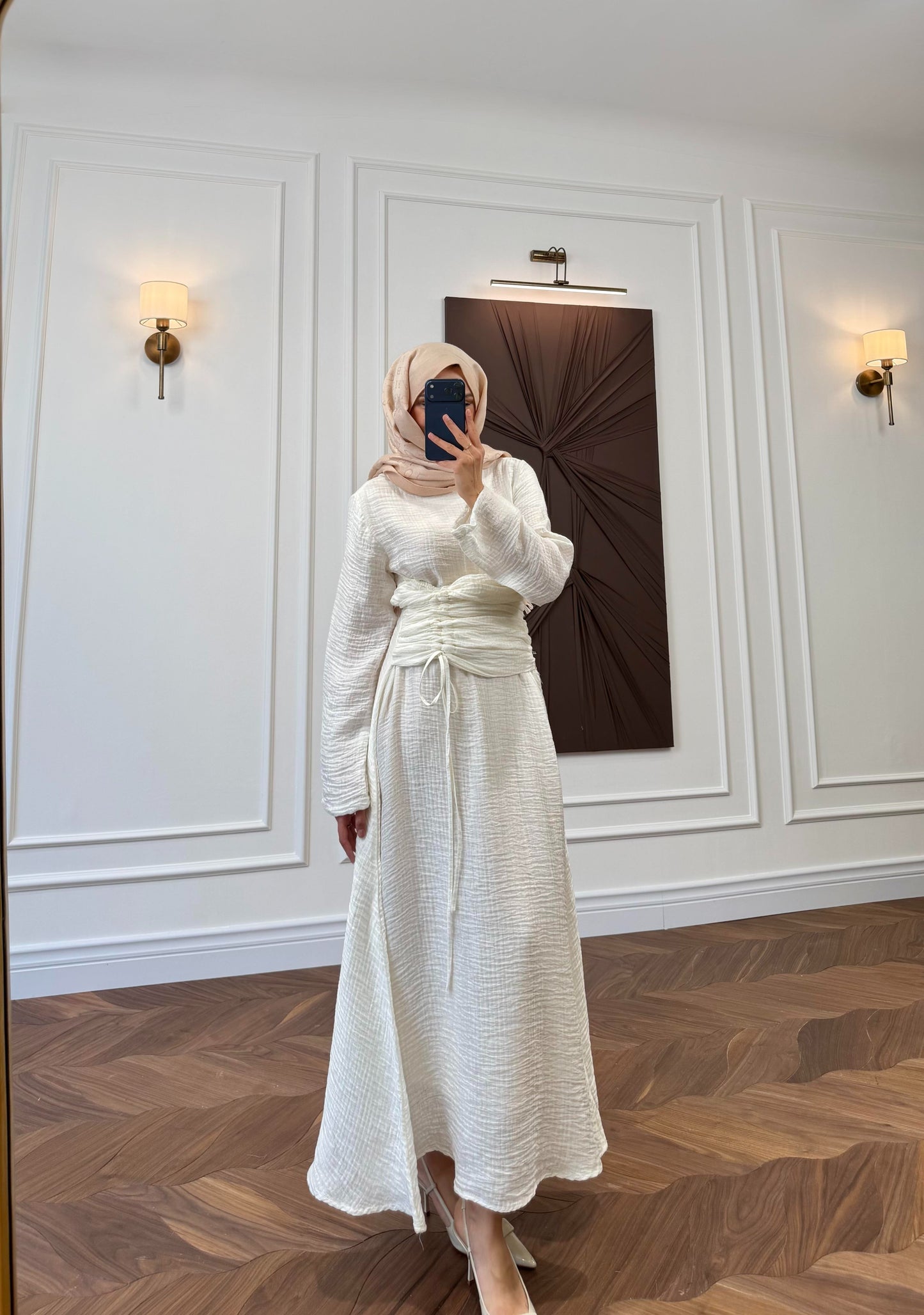 Off White Ruched Drawstring Waist Maxi Dress with Flared Sleeves