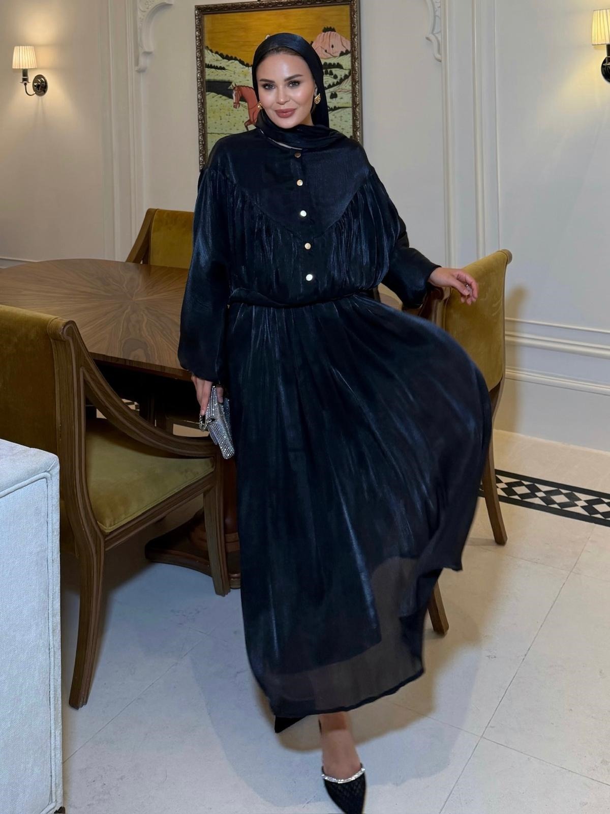 Shimmer Metallic Gathered Top & Flared Maxi Skirt Evening Co-ord Set - Black