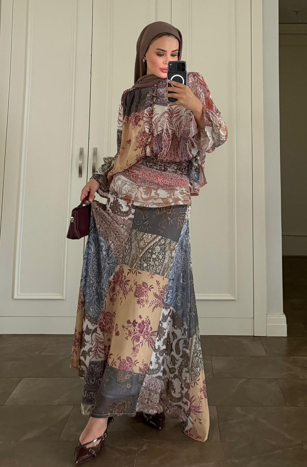 Victoria Patchwork Chiffon Maxi Skirt Set - Khaki