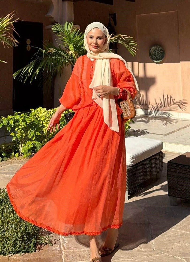 Button-Front Lace-Trim Blouse & Maxi Skirt Co-ord Set - Orange