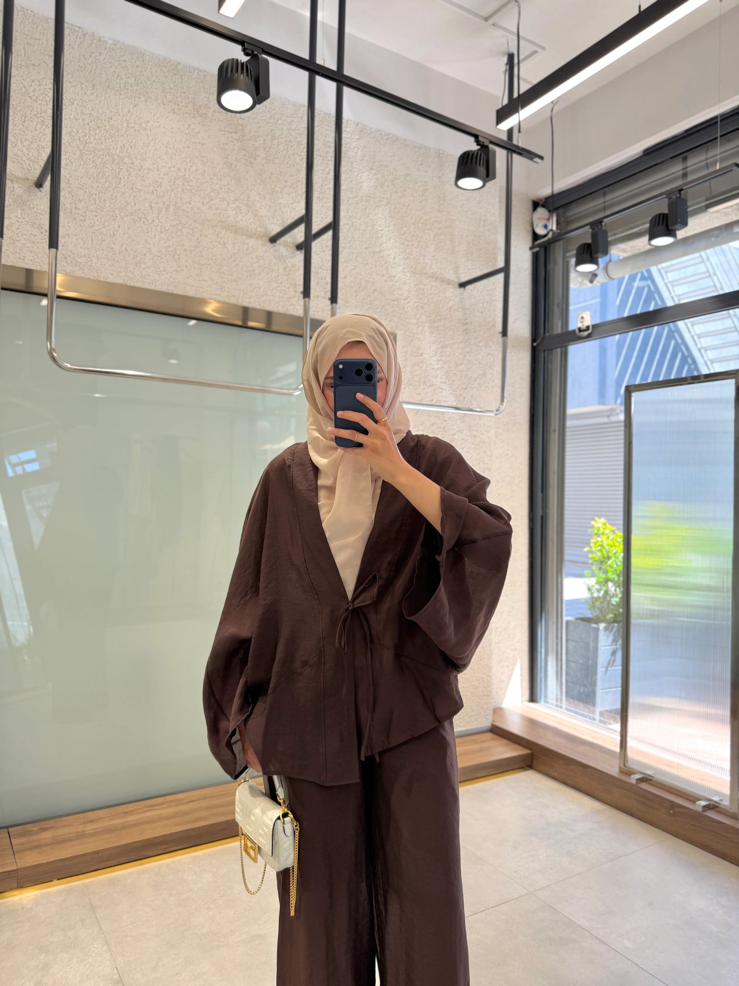 Brown Modest Kimono Pant Set - Two Piece Matching Wide Leg Outfit