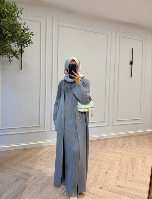 Gray Knit Kimono Set with Inner Dress