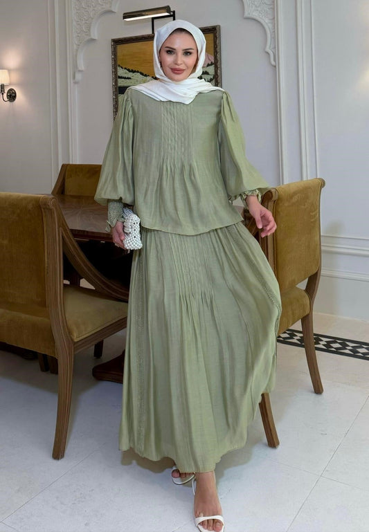 Sade Sage Green Pleated Skirt Set with Balloon Sleeves