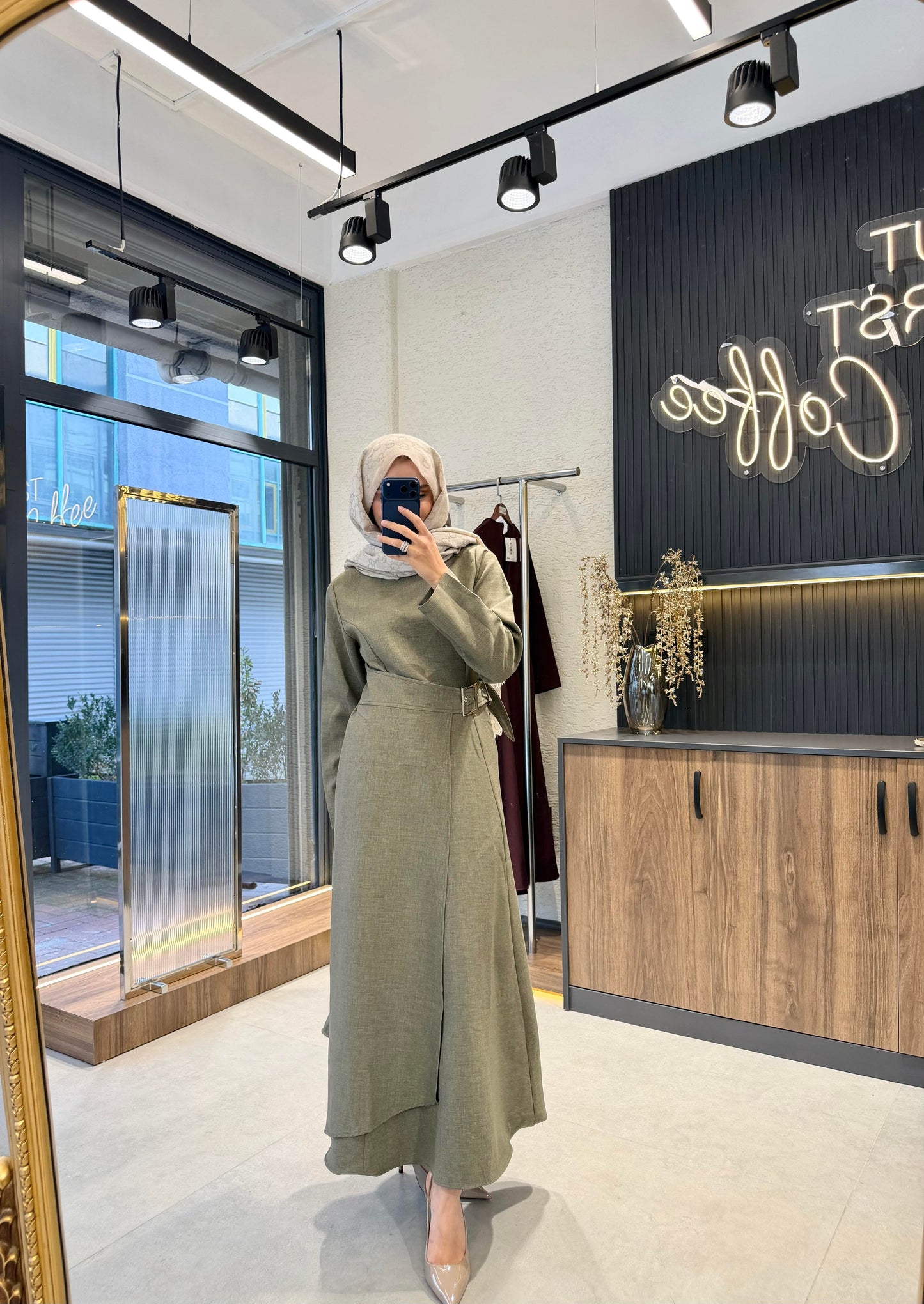 Asymmetric Khaki Maxi Dress with Adjustable Waist Belt