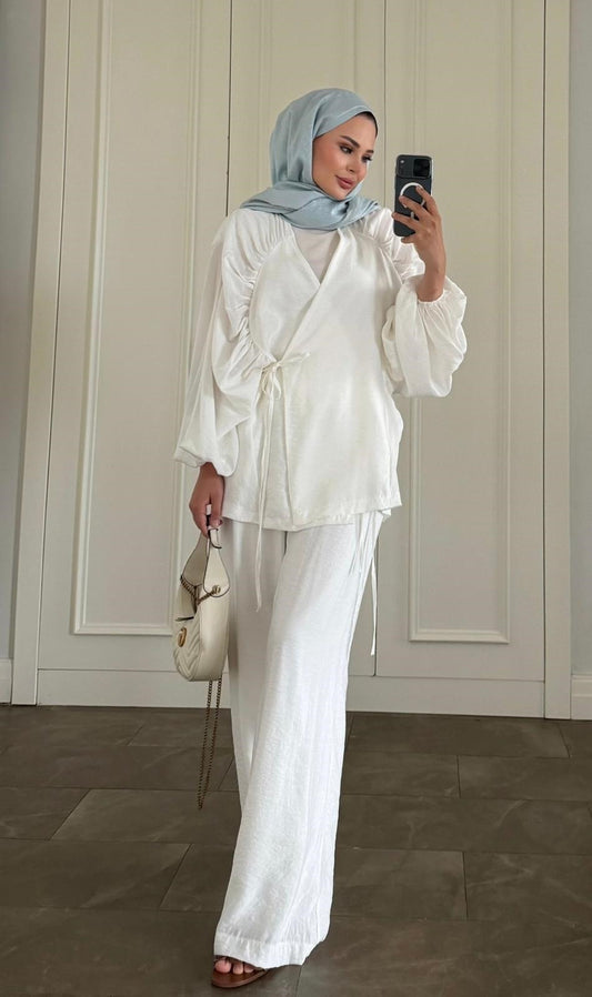 Balloon Sleeve Tencel Co-ord Set with Tie Waist & Wide-Leg Trousers - Ecrou