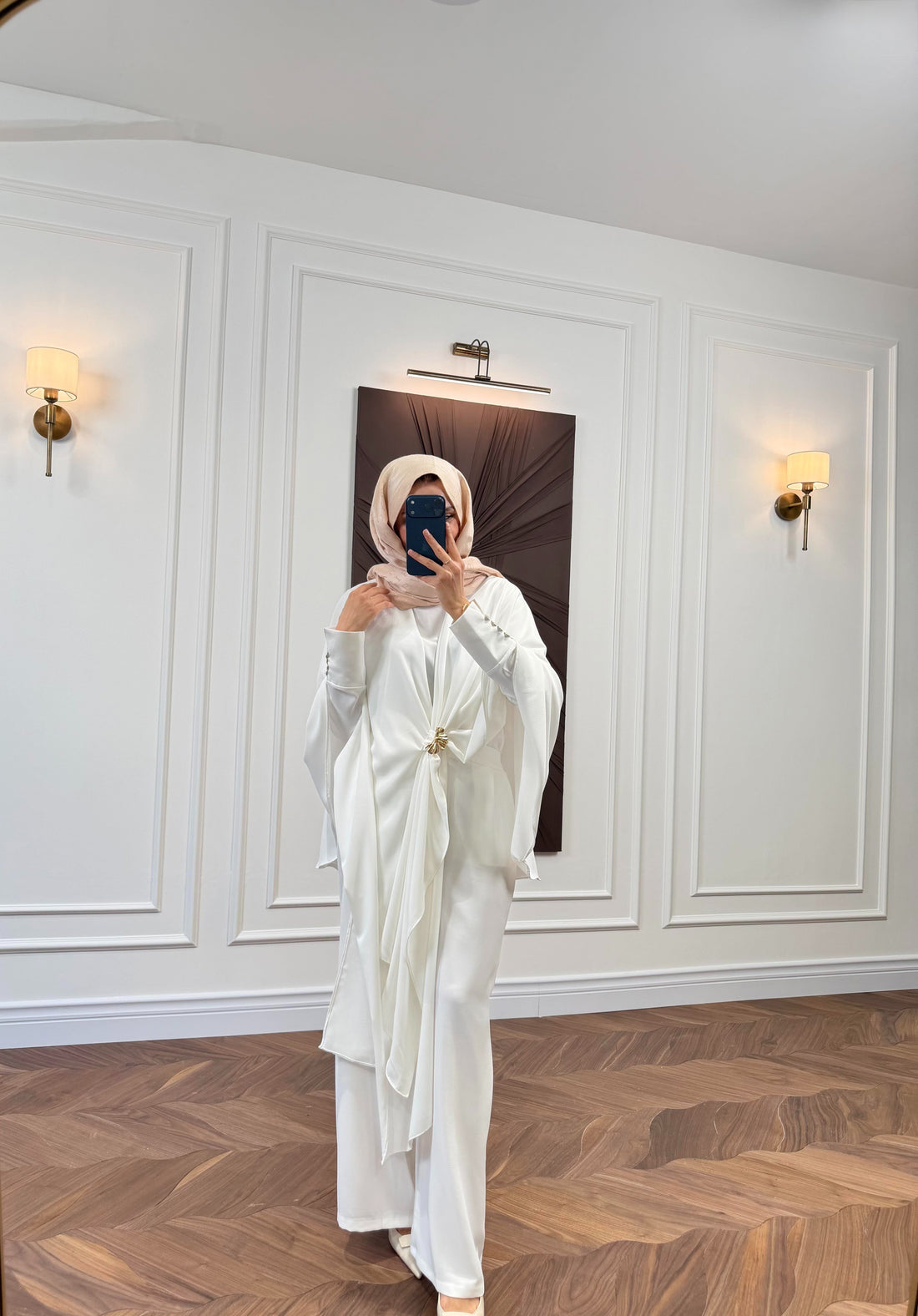 Off White Cape-Sleeve Co-ord Set with Gold Brooch Detail