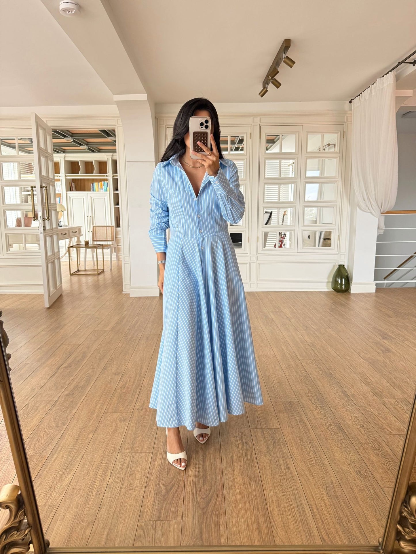 Blue Striped Cotton Maxi Shirt Dress