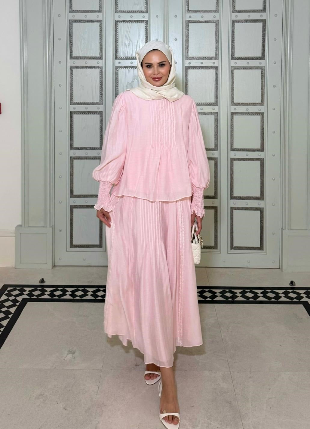 Sade Blush Pink Pleated Skirt Set with Balloon Sleeves