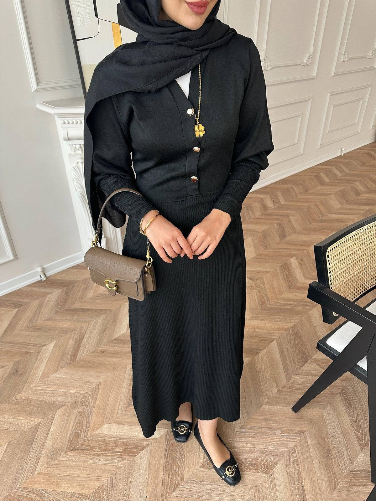 Knit Dress – Black with Gold Buttons