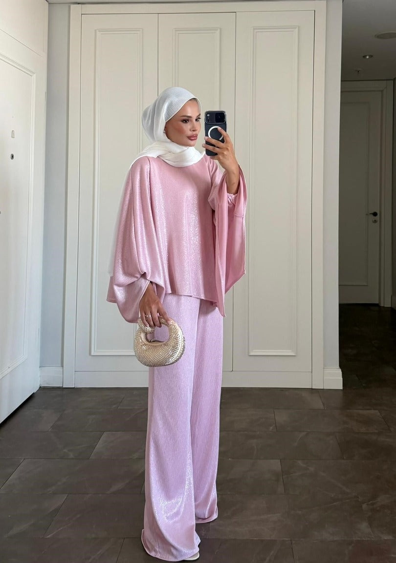 Elmas Kahverengi Işıltılı Asimetrik Pantolon Takımı | Pembe
