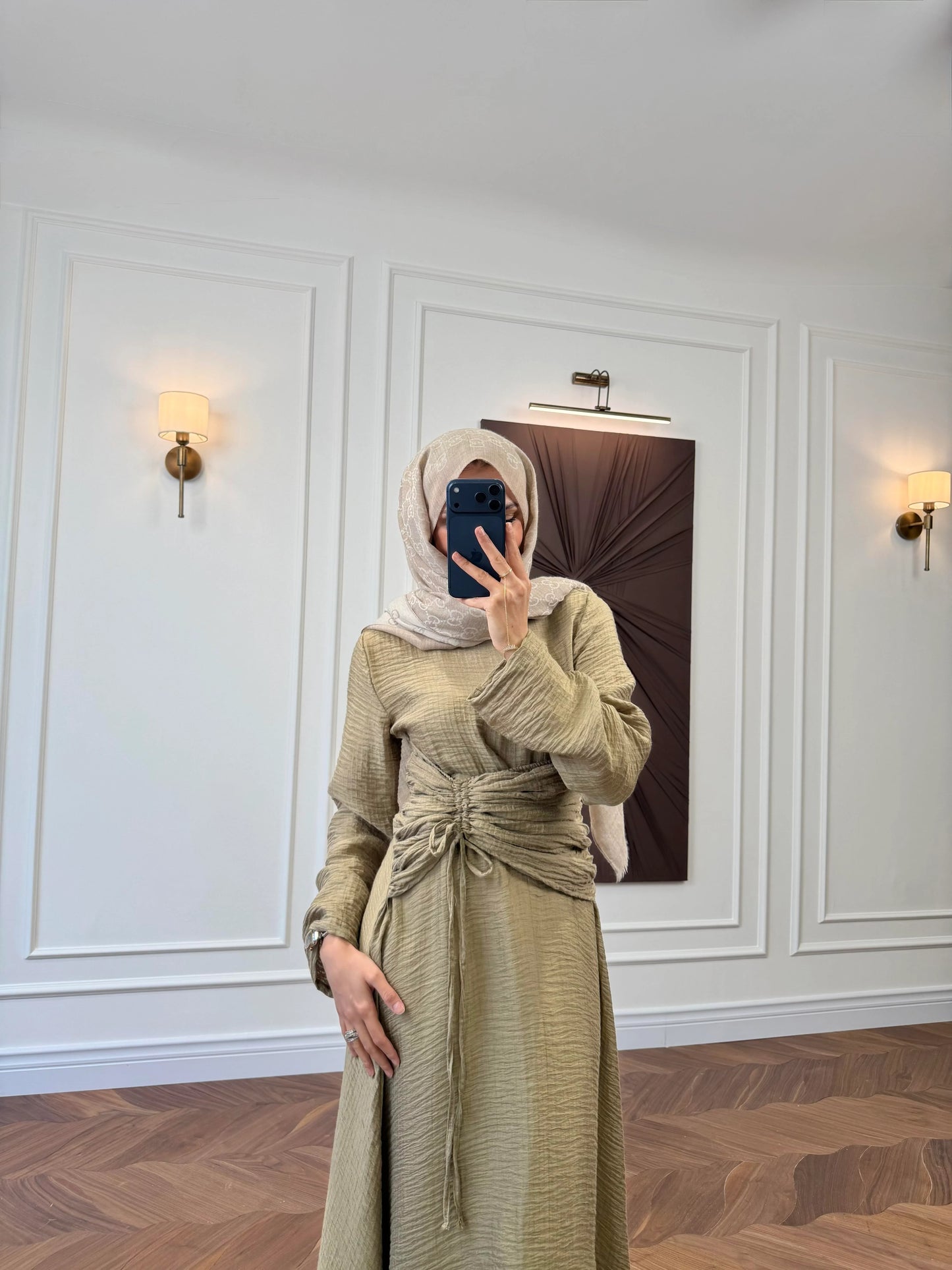 Khaki Ruched Drawstring Waist Maxi Dress with Flared Sleeves