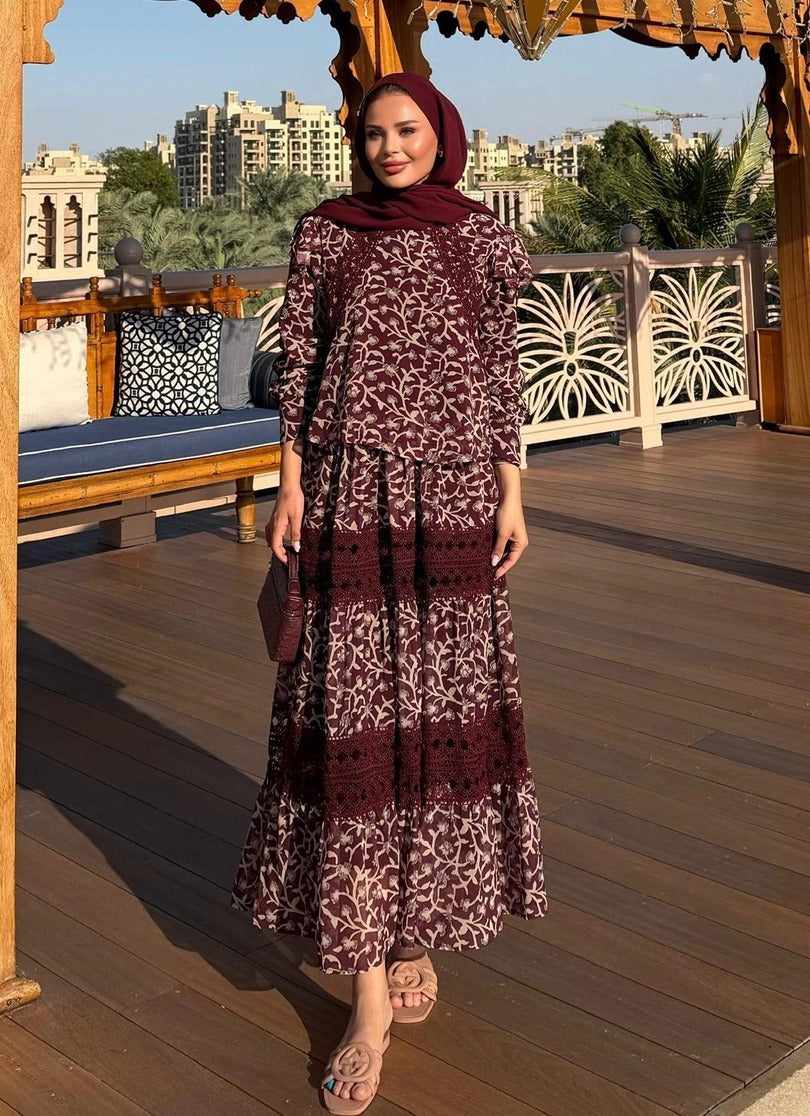 Floral Print Lace-Trim Tiered Maxi Co-ord Set - Burgundy - PRE ORDER