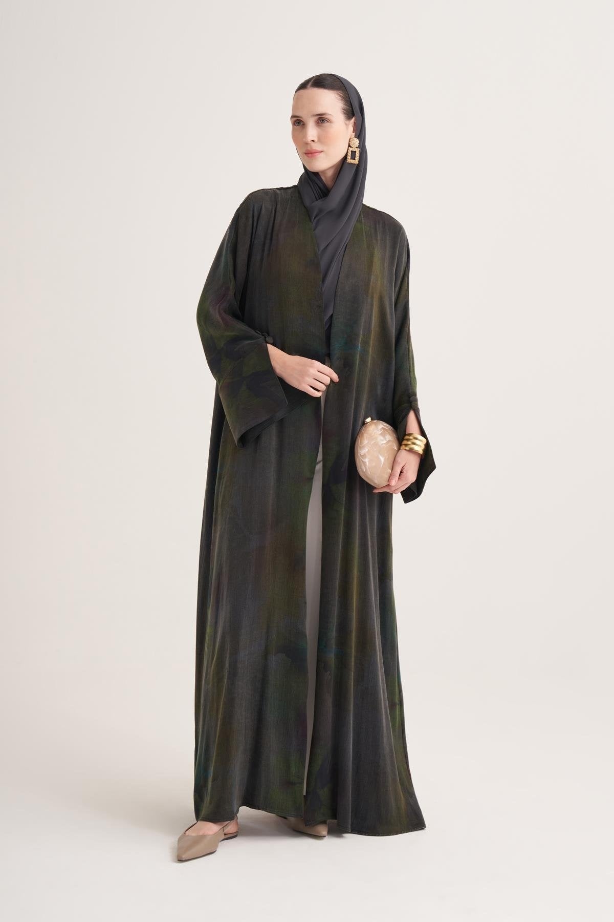 Cupro Modal Open Abaya with Iridescent Green Print & Matching Scarf
