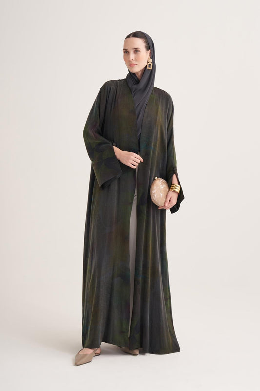 Cupro Modal Open Abaya with Iridescent Green Print & Matching Scarf