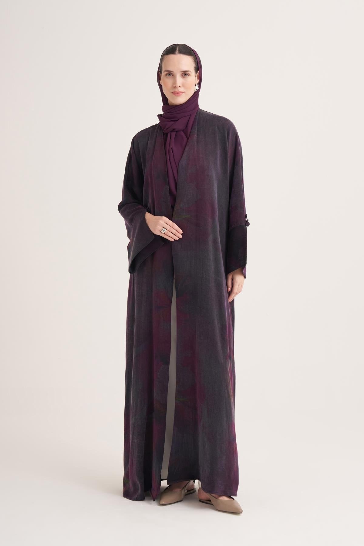 Cupro Modal Open Abaya with Iridescent Purple Print & Matching Scarf