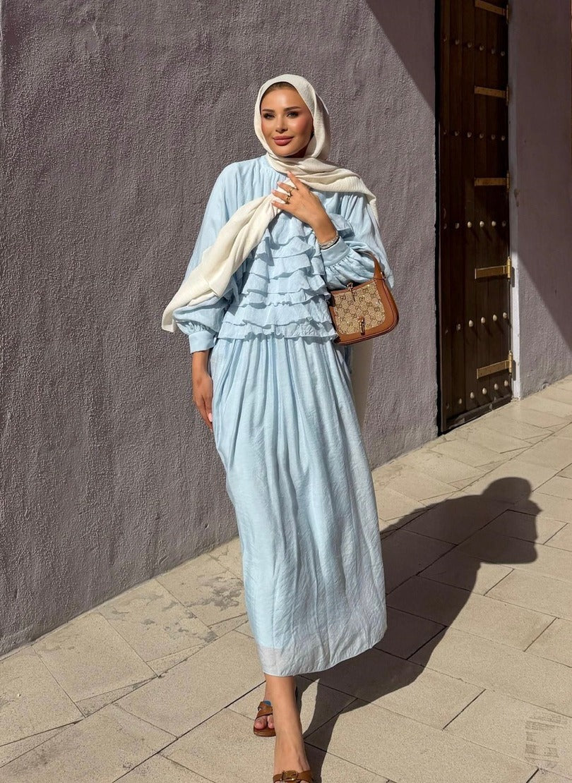 Tiered Ruffle Blouse & Pleated Maxi Skirt Co-ord Set - Blue- PRE ORDER