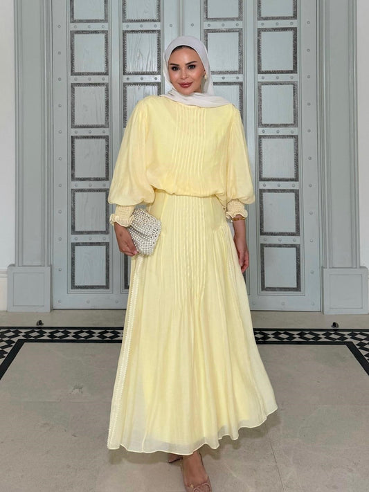 Sade Yellow Pleated Skirt Set with Balloon Sleeves